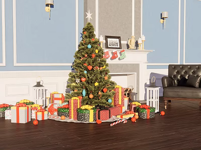 Christmas Decorative Ornament Set with Tree Gift Boxes Lanterns and Candy Canes 3d model