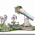 Telescope Shaped Art Installation With Colorful Floral Decor And Pastel Pink Stand