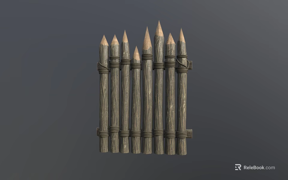Rustic Wooden Spiked Fence Structure With Bound Ropes And Sharpened Tops 3d model 