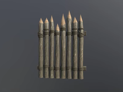 Rustic Wooden Spiked Fence Structure With Bound Ropes And Sharpened Tops 3d model