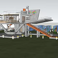Modern Playground Building With Slide Orange Staircase Colorful Decorations And Outdoor Lawn