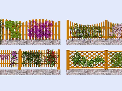 Colorful Wooden Garden Fences With Various Designs Climbing Plants And Stone Base 3d model
