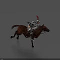 Game Movie Character Knight In Silver Armor Riding Running Brown Horse With Red Feather