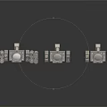 Three Metal Mechanical Components With Circular Centers And Mounting Rods
