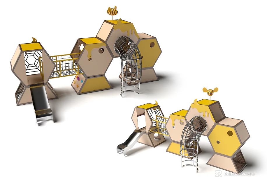 Hexagonal Playground Equipment With Slide Ladder And Multi Level Platforms For Children 3d model 