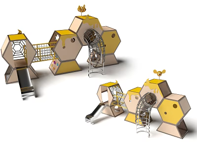 Hexagonal Playground Equipment With Slide Ladder And Multi Level Platforms For Children 3d model