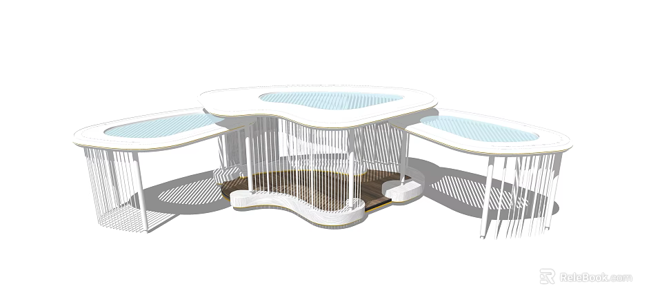Modern Garden Landscape Design With Wavy White Structures Light Blue Roofs And Wooden Flooring 3d model 