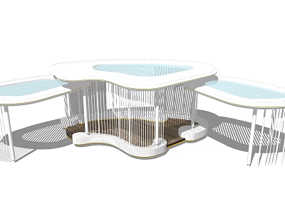 Modern Garden Landscape Design With Wavy White Structures Light Blue Roofs And Wooden Flooring 3d model