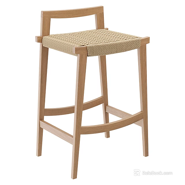 Wooden Bar Stool With Woven Seat And Sturdy Legs For Modern Kitchen 3d model 