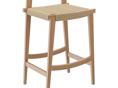 Wooden Bar Stool With Woven Seat And Sturdy Legs For Modern Kitchen 3d model