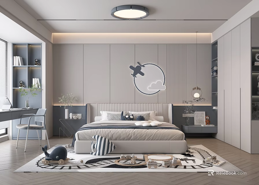 Bright Kids Room Interior Design With Airplane Decor Cloud Rug Bed And Bookshelf 3d model 