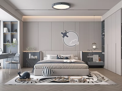 Bright Kids Room Interior Design With Airplane Decor Cloud Rug Bed And Bookshelf 3d model