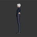 3D Character Model With White Hair Sunglasses Blue Uniform And Outstretched Arms