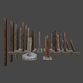 Rusty Metal Piles As Defensive Weapons With Concrete Bases Standing And Slanting