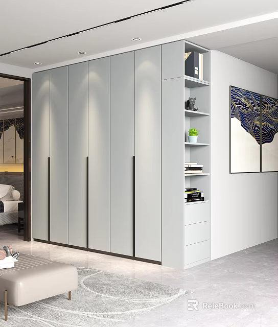 Modern Wardrobe Design With Sleek Light Gray Doors Black Handles Side Shelves And Wall Art 3d model 