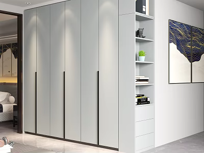 Modern Wardrobe Design With Sleek Light Gray Doors Black Handles Side Shelves And Wall Art 3d model