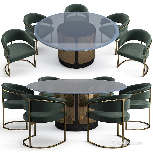 Modern Dining Table Set With Round Glass Top Metal Base And Green Velvet Chairs 3d model 