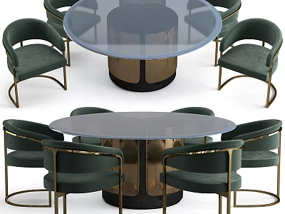 Modern Dining Table Set With Round Glass Top Metal Base And Green Velvet Chairs 3d model