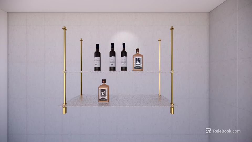 Wall Mounted Wine Rack with Golden Metal Frame Shelves on Tile Wall Holding Wine Bottles 3d model 