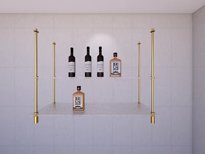 Wall Mounted Wine Rack with Golden Metal Frame Shelves on Tile Wall Holding Wine Bottles 3d model