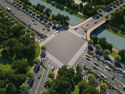 Municipal Road Intersection With Green Trees River Bridge And Moving Vehicles 3d model