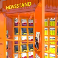 Orange Drink Stand With Red Top Sign Display Shelves And Advertising Boards