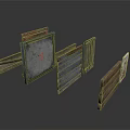 Old Wooden Planks And Metal Panels With Metal Frames And Red Logo