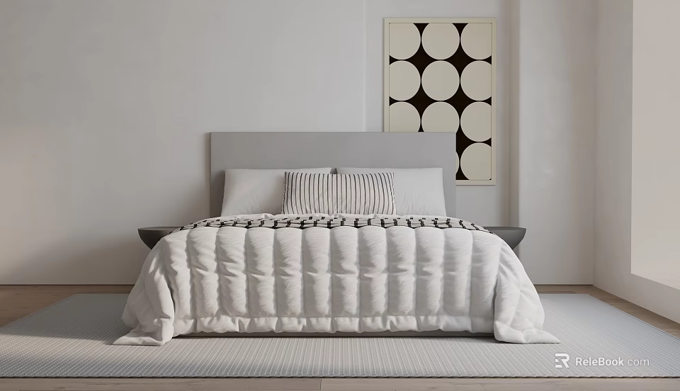 Minimalist Double Bed With Gray Headboard White Comforter Black Stripes Against White Wall Circular Artwork 3d model 
