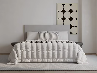 Minimalist Double Bed With Gray Headboard White Comforter Black Stripes Against White Wall Circular Artwork 3d model