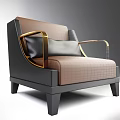 Elegant Single Sofa With Brown Black Leather Golden Armrests And Black Cushion