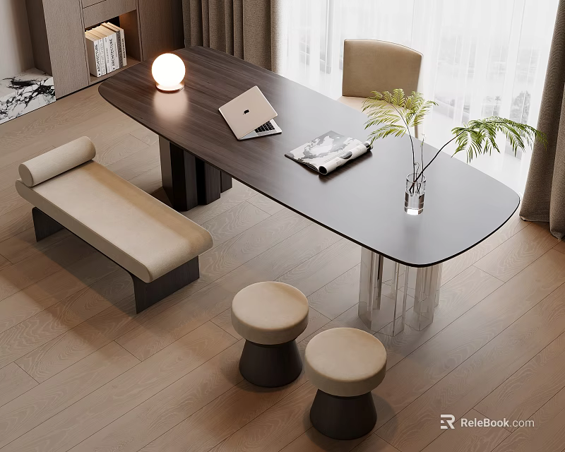 Modern Oval Black Table With Beige Chair Bench Stools Laptop Magazine And Green Plant 3d model 
