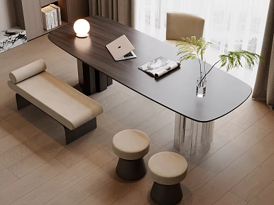 Modern Oval Black Table With Beige Chair Bench Stools Laptop Magazine And Green Plant 3d model
