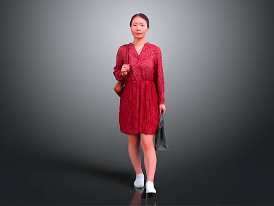 Woman In Red Dress Carrying Bag Walking On Gray Background With White Shoes 3d model