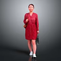 Woman In Red Dress Carrying Bag Walking On Gray Background With White Shoes