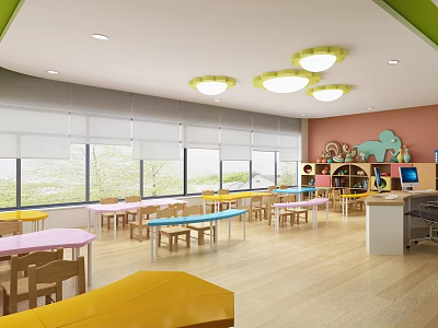Kindergarten Classroom Interior With Colorful Tables Chairs Large Windows Roller Blinds And Animal Wall Decorations 3d model