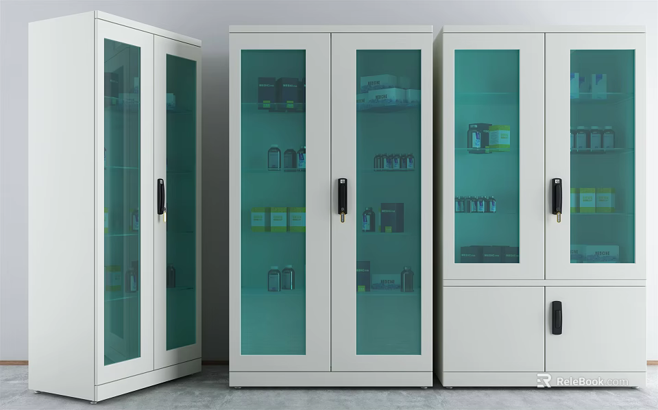 Three White Storage Cabinets With Glass Doors Displaying Various Items Inside 3d model