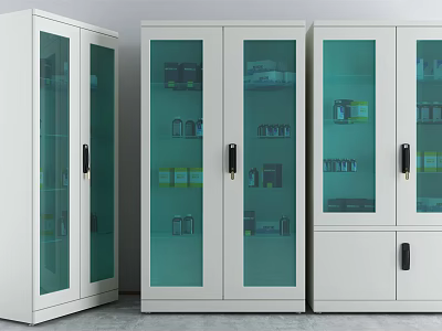 Three White Storage Cabinets With Glass Doors Displaying Various Items Inside 3d model