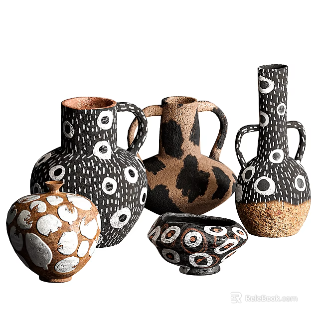 Handcrafted Ceramic Vessels In Various Shapes With Circular Patterns And Earth Tones 3d model