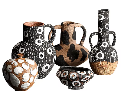 Handcrafted Ceramic Vessels In Various Shapes With Circular Patterns And Earth Tones 3d model
