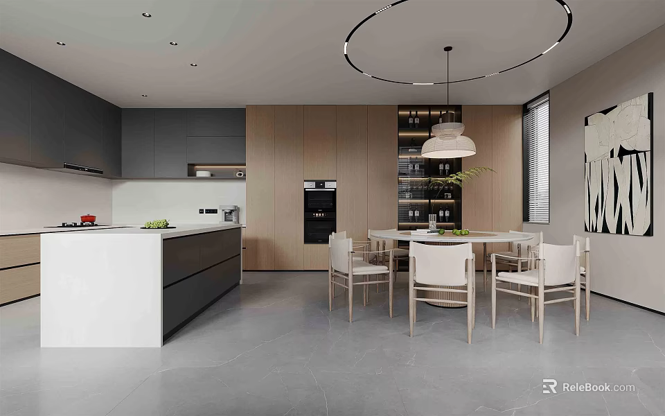 Modern Restaurant Interior Featuring Open Design Dining Table Chairs And Pendant Light 3d model