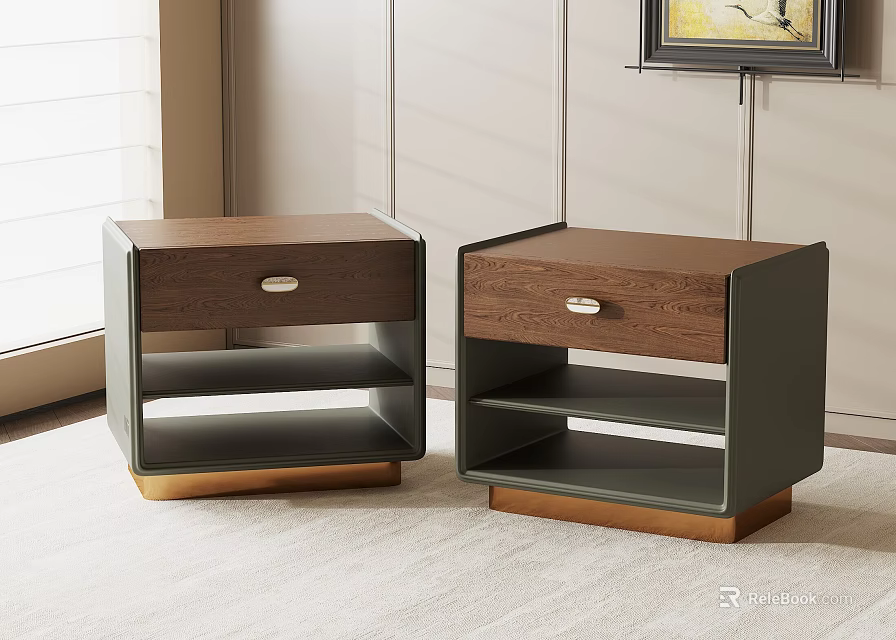 Modern Nightstands With Single Drawer Open Shelf Dark Wood Gray And Gold 3d model 
