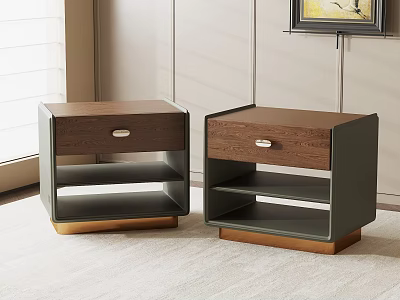 Modern Nightstands With Single Drawer Open Shelf Dark Wood Gray And Gold 3d model