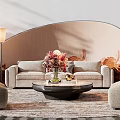 Beige Multi Seater Sofa Living Room Arrangement With Floor Lamp Coffee Table And Armchairs