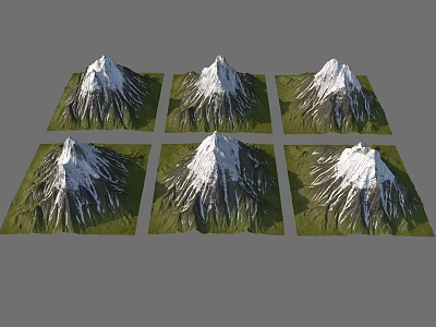 Green Grass Covered Bases of Snowy Mountain Models in Grid Arrangement 3d model