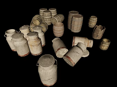 Various Sizes Wooden Barrels And Milk Cans In Upright And Fallen Positions On Black Background 3d model