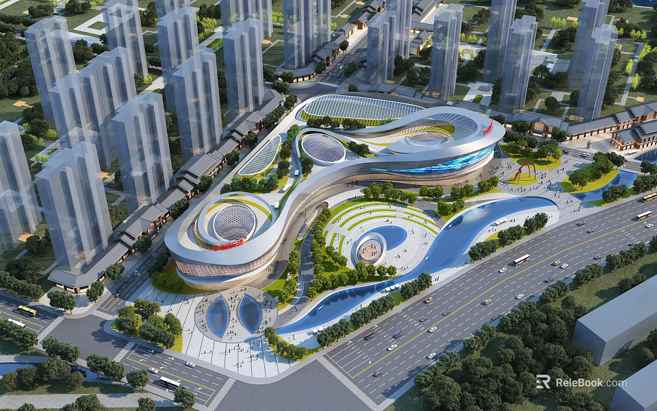 Modern Commercial Complex With Curved Glass Facade High Rise Buildings Green Spaces And Water Features 3d model 