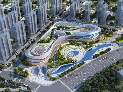 Modern Commercial Complex With Curved Glass Facade High Rise Buildings Green Spaces And Water Features 3d model