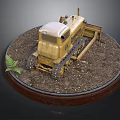 Vintage Bulldozer Model Displayed On Circular Wooden Base With Dirt Gravel And Fern Plant