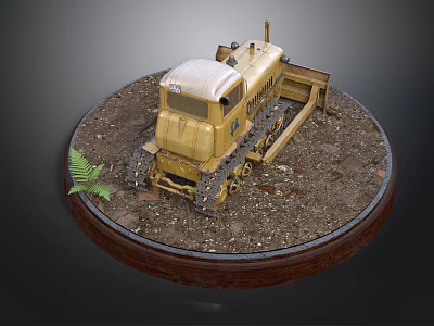 Vintage Bulldozer Model Displayed On Circular Wooden Base With Dirt Gravel And Fern Plant 3d model