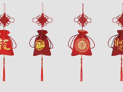 Chinese Knot Pendants With Red Bags Gold Characters And Decorative Tassels 3d model